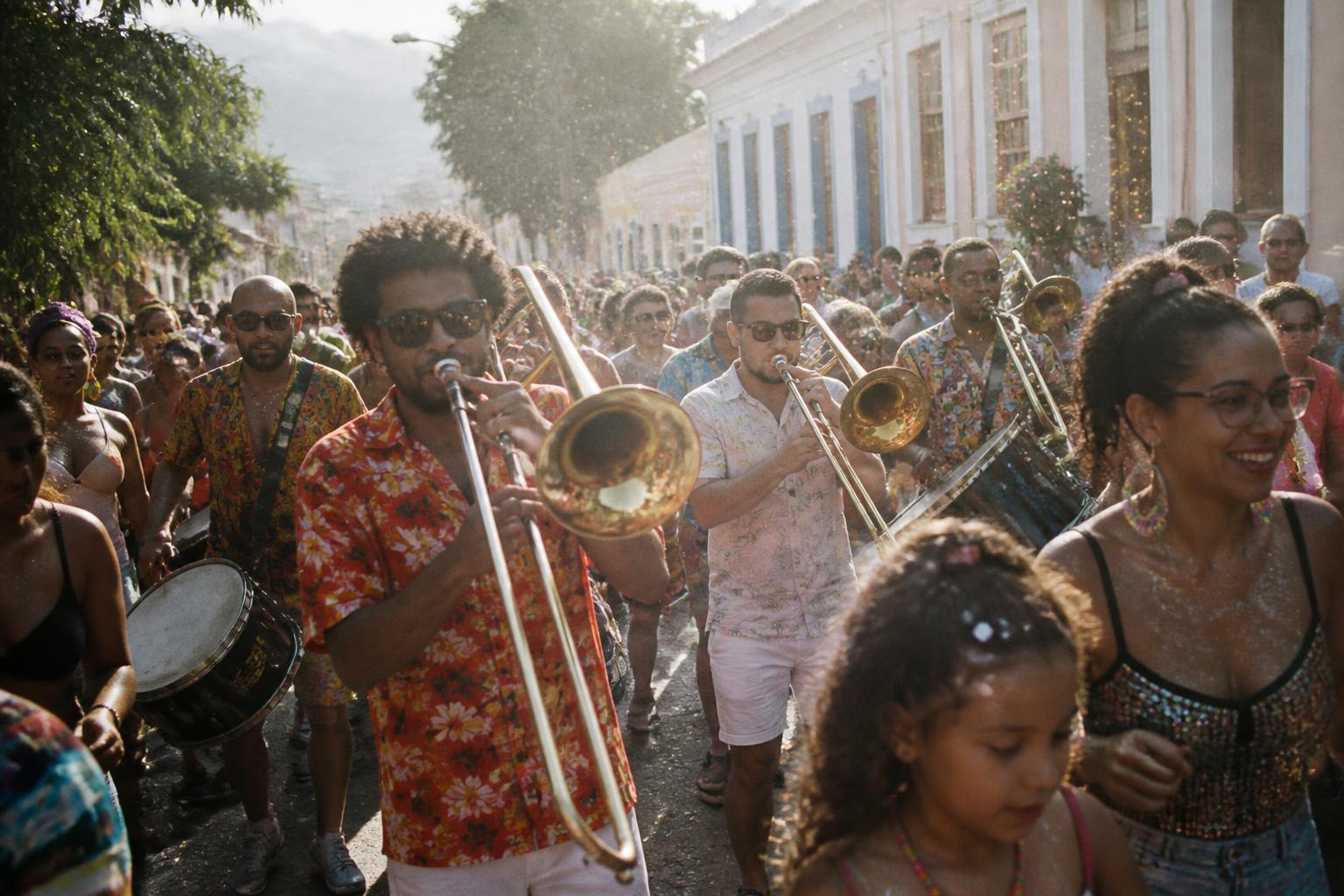 Bloco de carnaval de rua com metais e percussão desfilando por ruas de casario antigo